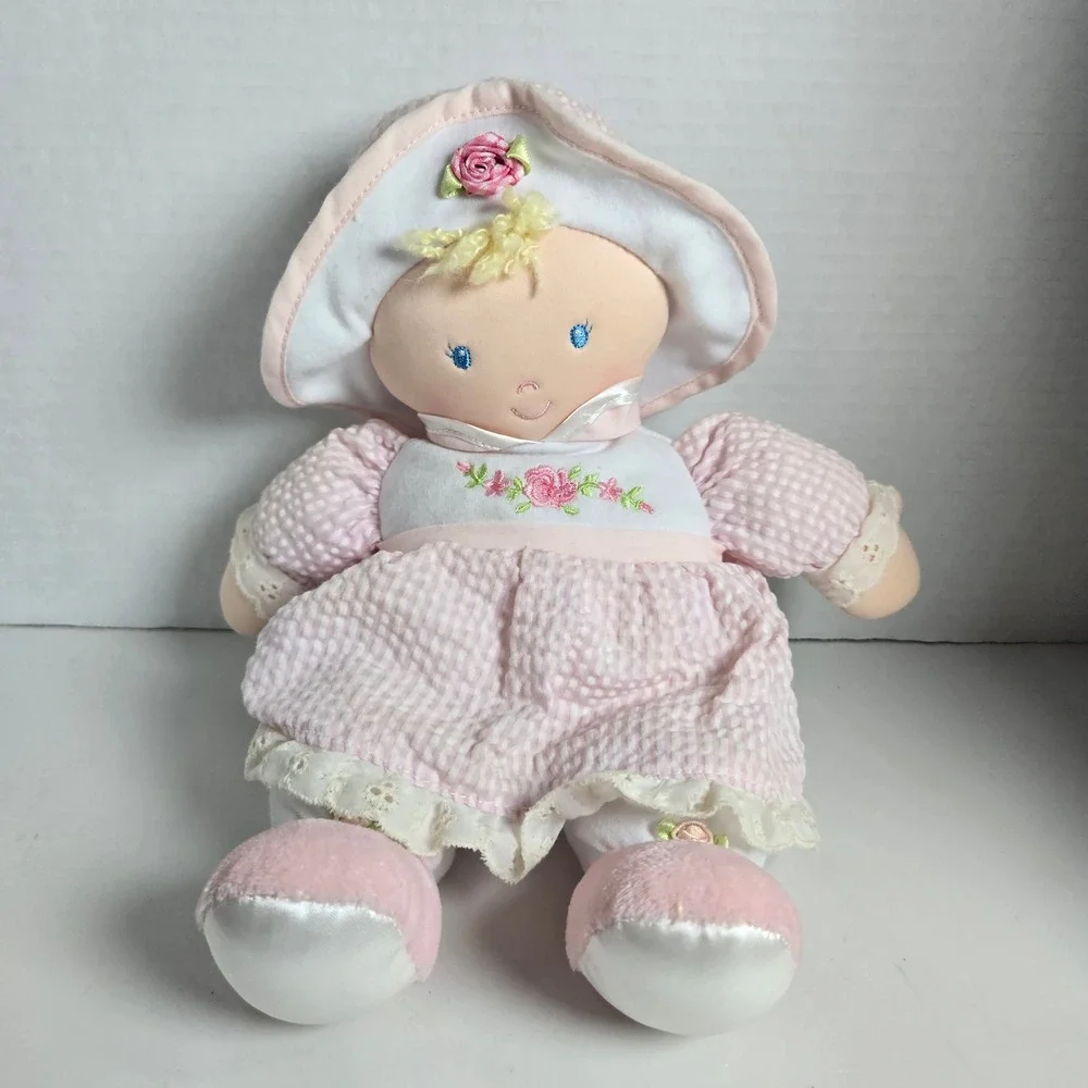 Kids Preferred Pink Baby Doll Plush Gingham 2009 Blonde Floral Dress Hat 12